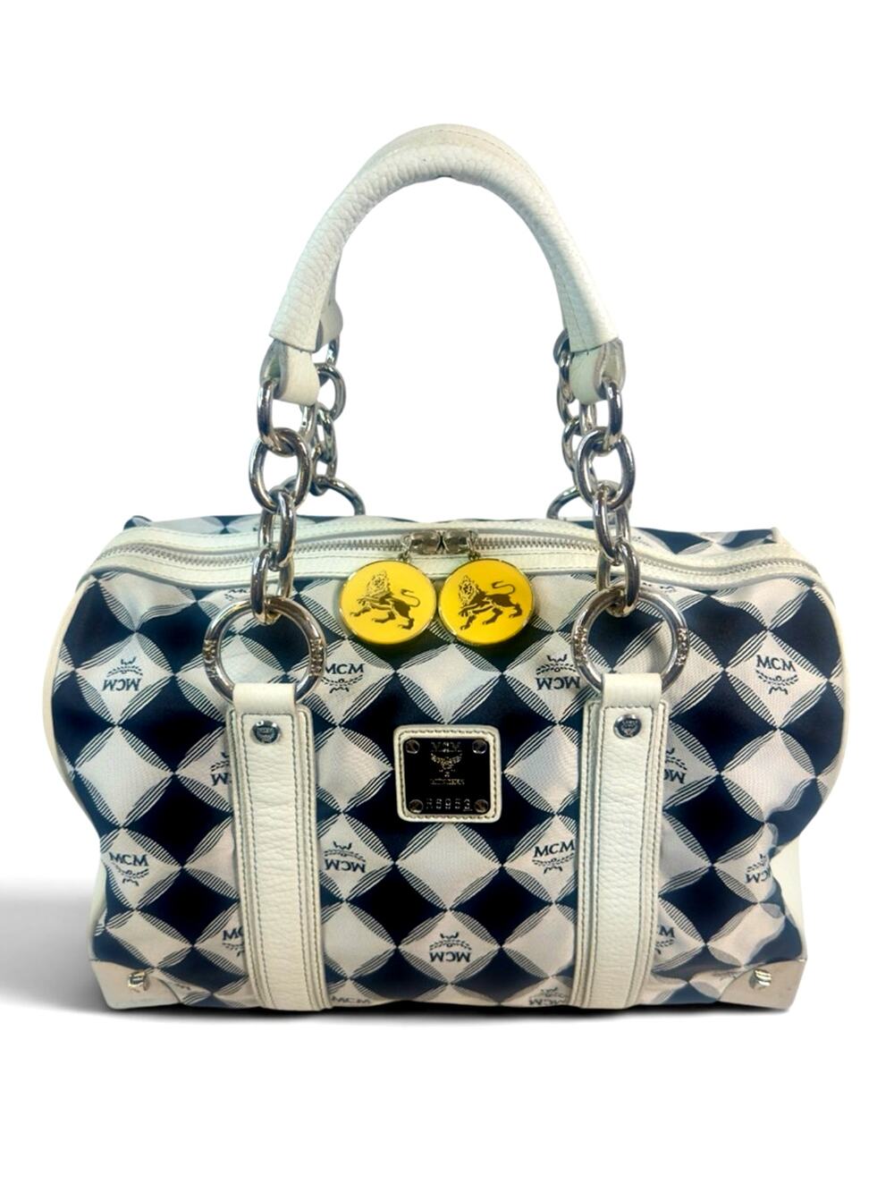 MCM Lioness Boston Bag Black White Nylon Leather Trim Silver Hardware ~ Rare